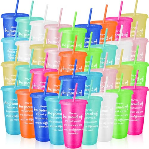MSYU 36 Pcs Employee Thank You Cup 710 ml Appreciation Tumblers Gifts Bulk for Coworker Teacher Team Staff Gift Plastic Colorful Inspirational Cups with Lids Straws (Bright Color)