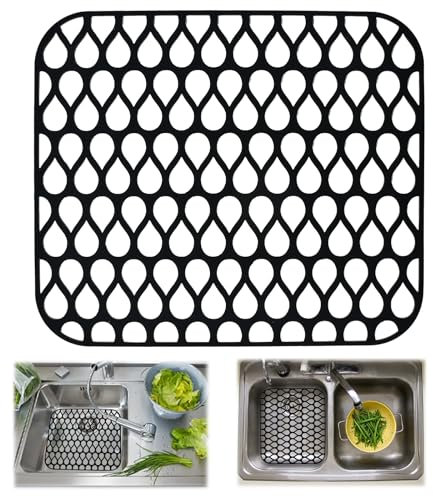 Black Silicone Sink Mat, ADERTOS Folding Non-Slip Sink Protectors Kitchen Sink Protector Mat Silicone Mats Counter Protector for Bottom of Kitchen Sink, Dishes and Glassware Drain Mat, 34.5 x 29.5cm