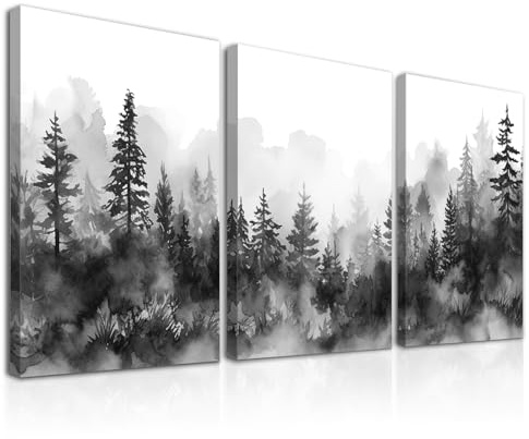 Dazzlewall 3 Stück Gerahmte Wald Wandbilder im Nebel, Schwarz Weiß Leinwanddruck Waldlandschaft für Wohnzimmer Schlafzimmer Büro Dekor 12x16 Zoll