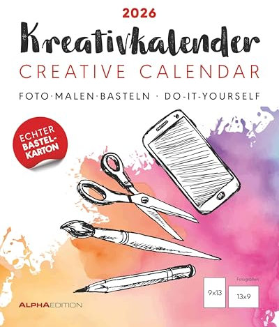 Alpha Edition - Kreativ-Kalender Tischaufsteller hoch weiß 2026 – Bastelkalender 16×20 cm mit schwarzem Papier, deutschem Kalendarium & Spiralbindung, zum Selbstgestalten, Aufhängen & Aufstellen