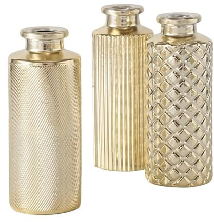 3er Set Vasen Gold Farben Deko Blumenvase b302 Glas Vase 13,5cm Vasenset Geschenkset Rillen Rauten Ornamente Hochzeitsdeko Tischschmuck Hochzeitsvasen
