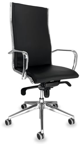 OFF LINE Ergonomischer Bürostuhl für Smart Working, leise Rollen, für den PC, aus schwarzem Kunstleder, Gestell mit Armlehnen aus verchromtem Stahl, hohe Rückenlehne (70 x 70 x 120 cm)