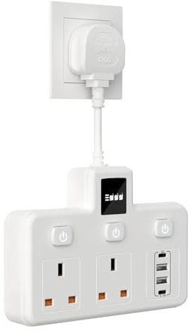 BOCHLION Multi Plug Adapter, Plug Extension Socket with 4 USB (2 USB C+2 USB A), 2 Way Plug Adapter with Independent Switches and Night Light, Wall Socket Plug Extender UK for Home, Travel-White