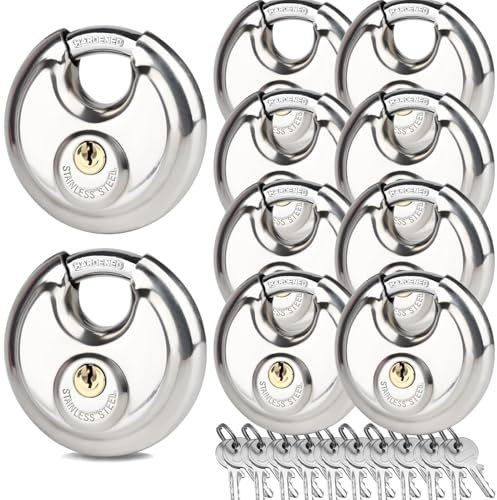Confezione da 10 lucchetti a disco con chiave uguale da 70 mm, in acciaio inox, per uso esterno, resistenti, per unità di stoccaggio, capannoni, cancelli e recinzioni