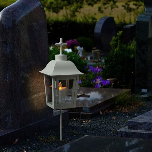Grablaterne mit weißer LED Kerze Grablicht mit 2 wechselbaren Spitzen (Kgel, Kreuz) und Erdspieß Grableuchte Grablampe Friedhofslaterne Gartenlaterne weiß (Laterne mit Kerze/Typ7)