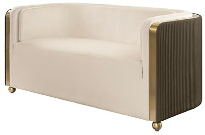 MY Furniture Luxury Cream Velvet Loveseat Sofa – Art Deco 2-Seater with Brass Details and Fluted Dark Wood Side Panels – Elegant Upholstered Couch for Living Room, Office or Hotel Lounge