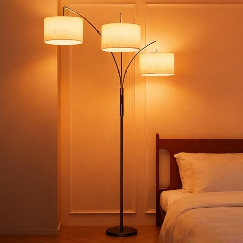 PULUOMIS Floor Lamp, Arc Floor Standing Lamps with 3 Rotatable Lights for Living Room, 200cm Tall Lamps with E27 Socket for Bedroom, Bulb Not Included