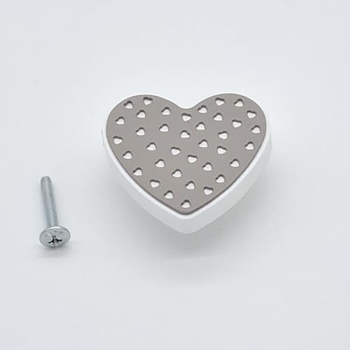 BOTTERLUIGI L S KIT 6 Pomoli in Legno a Forma di Cuore – Bianco e Tortora – Manopole per Camera Bambina, Cassetti e Armadi – Viti Incluse