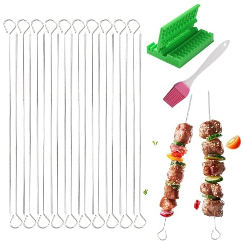 Juego de 22 brochetas de metal con hilo de pinchos y cepillo de aceite de silicona. Para pinchos de carne de res, pollo y otros alimentos, freidora sin parrilla, horno (30 cm)