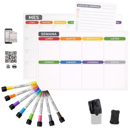 Calendario Magnético Nevera A3 Reutilizable | Planificador Semanal y Mensual + Lista de la Compra A5 | Pack Completo con 8 Rotuladores, Borrador, Caja y Paño | Organizador Cocina Karebia