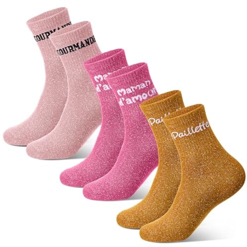 Geyoga 3 Paires Chaussettes Paillettes Femme – Motifs Variés Fabuleuse/Gourmande/Bringueuse/Princesse, Taille Unique – Chaussettes Fantaisie pour Collègue, Amie ou Fille Adolescente