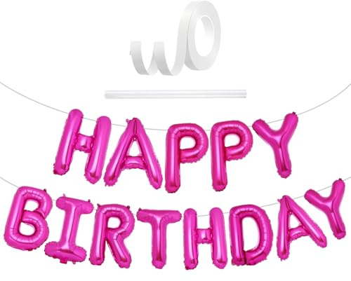 Happy Birthday Balloons Banner Hot Pink, 16 Inch Happy Birthday Hot Pink Letter Balloons, Fuchsia Foil Balloon Banner Decorations, Party Supplies Decorations For Kids Girls Boys & Adults Men Women