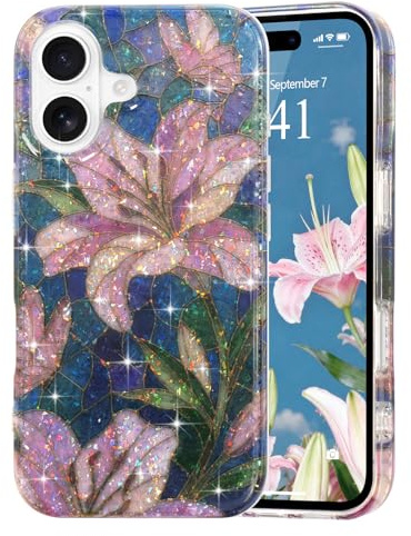 Ethanger für iPhone 17 Hülle Blumen, Lilie | Aesthetic Blumen Collage Muster Flower Design Handyhülle, Dünne Hardcase mit Glitzer Farbige Folie, Transparent Schutzhülle