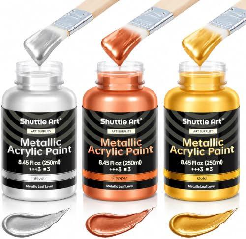 Shuttle Art 3 Colours Metallic Acrylic Paint-Gold, Silver, Copper | 8.45oz/250ml Each, Non-Toxic, Non-Fading Gold Leaf Paint for Painting & Crafting on Metal, Wood, Canvas, Furniture