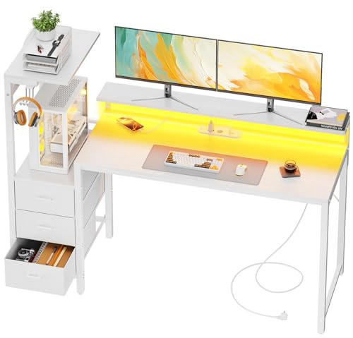 SOLAVERO Scrivania Gaming con LED e Presa, 152cm Scrivania Computer Reversibile con Ripiani & Cassetti in Tessuto, Tavolo Gamer con Supporto per Monitor e Gancio per Cuffie, Bianco