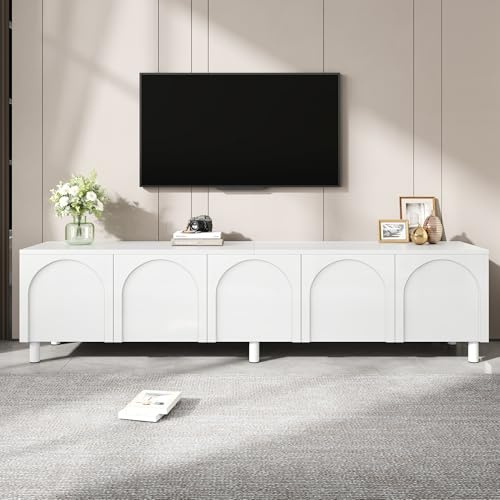 Fiednoy 180cm TV-Schrank Weiß Mit 5 Bogenförmigen Türen Und Metallfüßen | Modernes Lowboard Mit Kabelmanagement & Stauraum, Fernsehschrank Für Wohnzimmer