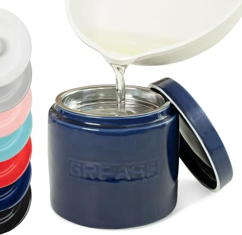 CYPRESS SUNRISE Bacon Grease Oil Container Storage Can Keeper w/Stainless Strainer Paleo Keto Pour Spout Ceramic Porcelain Stoneware Fat Separator Filter Multiple Colors NAVY BLUE