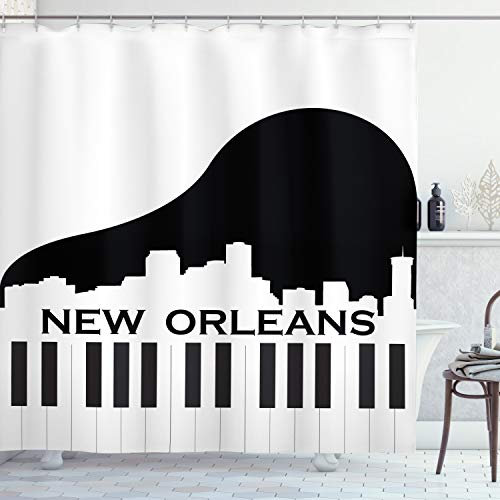 ABAKUHAUS New Orleans Duschvorhang, Piano Jazz Musik, Stoffliches Gewebe Badezimmerdekorationsset mit Haken, 175 x 180 cm, Schwarz und weiß