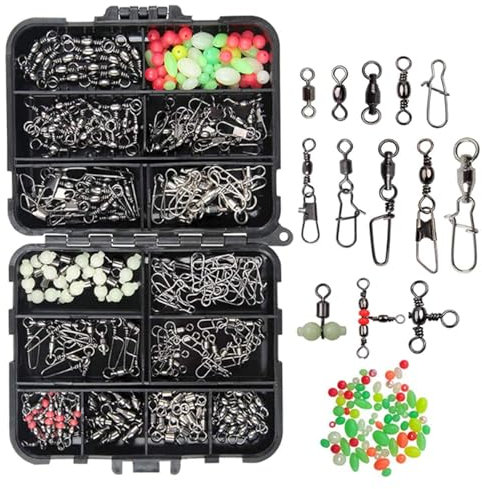 170pcs Fishing Swivel Snaps Kit, Include Ball Bearing Swivel, Crossline Three Way Swivel, Duo Lock Snap Connector Clips Beads Fishing Accessories Tackle for Saltwater Freshwater