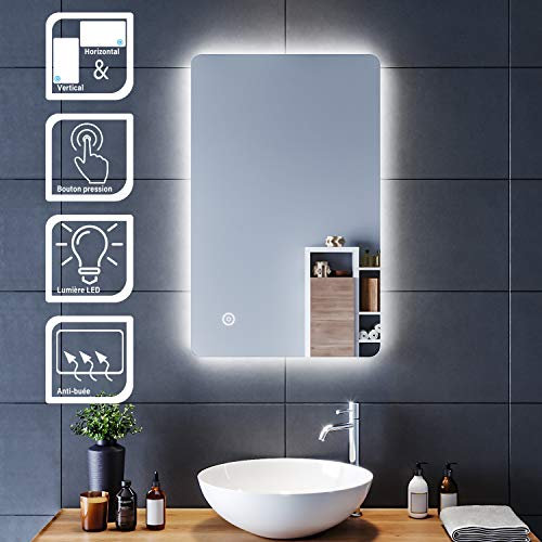 SIRHONA Miroir à LED 80x50cm Miroir de Salle de Bains avec éclairage Anti-buée Mirror Murale avec Interrupteur Tactile