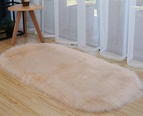 Ommda Teppiche Kunstfell Oval Wohnzimmer Teppich Fellimitat für Schlafzimmer Wollteppich Shaggy Langflor Abwaschbar Matten für Kinderzimmer,Beige,80x150cm