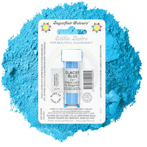 Sugarflair Glacier Blue Edible Lustre Dust, Add a Lustrous Shine to Cakes or Decorations. Brush On or Add Rejuvenator to Create Eye-Catching Edible Paint, Gives Shine to Your Bakes - 2g