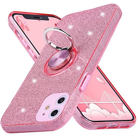 wisdompro Glitter Case for iPhone 11, Cute Bling Sparkle Protective Case with Ring Kickstand, Women Girls Phone Case for iPhone 11 (6.1 Inch) - Pink