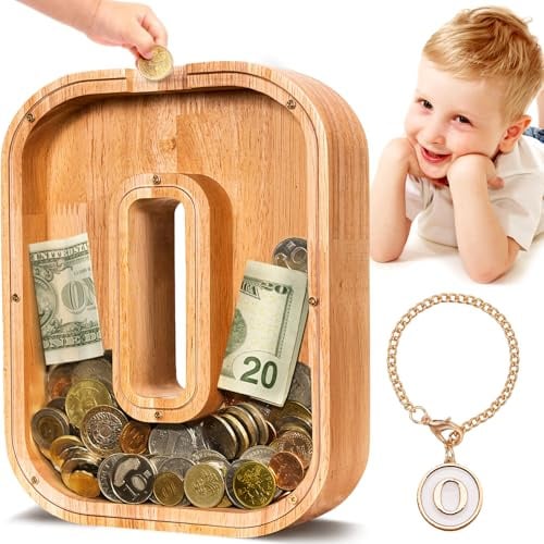 Summidate Spardose für Kinder Junge, Personalisiert Holz Großes Sparschwein, Unzerbrechliches Buchstabe A-Z Sparbüchse für Kinder Mädchen, Erwachsene, Geschenk&Dekoration