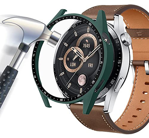 Acadeny Custodia rigida compatibile con Huawei Watch GT3 46mm con pellicola protettiva,Con scala, 9H Durezza Hart PC Case sottile in vetro temperato per Smart Huawei Watch GT3 46mm, verde