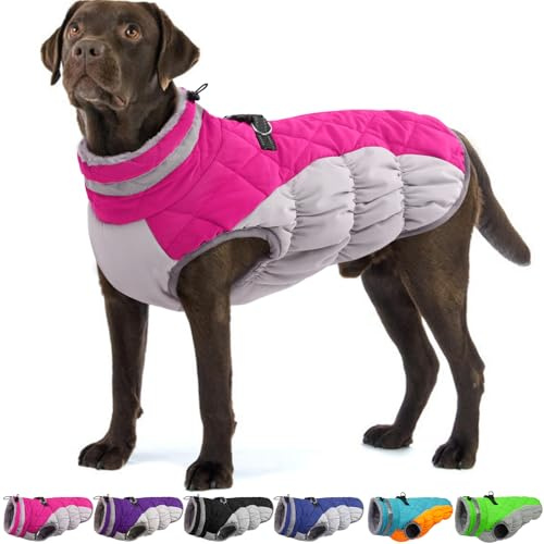 OUOBOB Mantel Mit Integriertem Geschirr, Warme Jacke, Wasserdichte Fleeceweste, Reflektierender Schneeanzug für Kaltes Wetter, Winddichtes Schneejacken-Outfit für Hunde