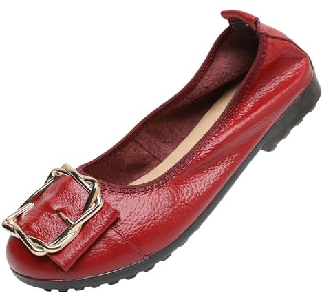 ANUFER Donne Vera Pelle Ballerine Moda Fibbia in Metallo Morbido Piatto Scarpe Pompe Rosso SN070535 EU38.5