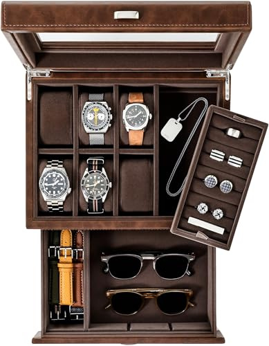 TAWBURY 6 Watch Jewellery Box Men - PU Leather Watch Display Case | Mens Watch Box Organiser | Mens Watch Storage Box (Brown)