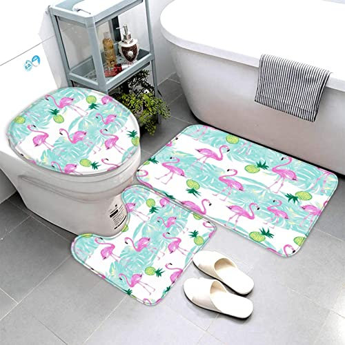AOLIGL Badezimmermatte Set Flamingos Palmblätter 3D Drucken Teppich Badezimmer Badgarnitur 3teilig Mikrofaser Bath mat U-förmigen Contour Matte- WC Vorleger（40 x60 cm）