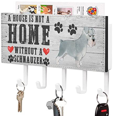 A House is Not A Home Without A Dog Schnauzer Key Holder Wall Mount Key Hooks Holder Pet Rules Self Adhesive Key Organizer Rack Rustic Letter Holder Decoration for Home Office Entryway 7x4 inch