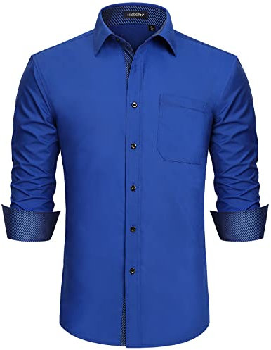 HISDERN Royal Blue Dress Shirt Formal Long Sleeve Button Down Brown Stripe Work Fashion Smart Floral Collar Regular Fit Shirts L
