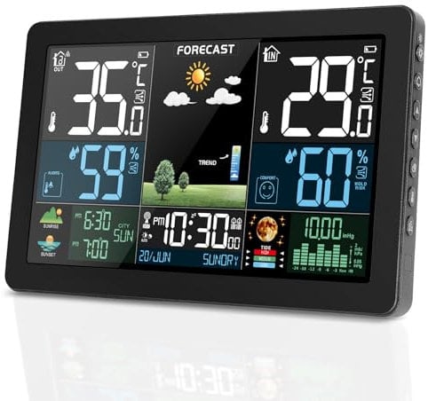 Stazione Meteo con Sensore Esterno, Barometro Digitale LCD Wireless a Colori DCF, Sveglia, Fase Lunare, Previsioni Meteo, Retroilluminazione Regolabile