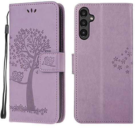 Samsung Galaxy A14 Case Leather Wallet Flip Folio Magnetic Clasp Stand View Bookstyle Cases for Samsung Galaxy A14 5G/4G Phone Case Cover Shockproof Cute Owl & Tree Pattern, Light Purple