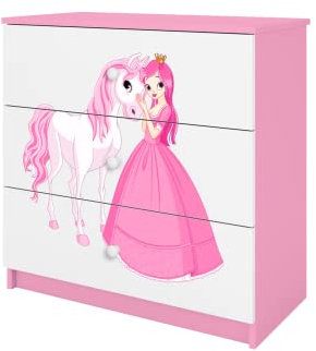 Générique Commode BABYDREAM - Princesse et Cheval - en Panneaux de Particules 81x41x80,5 cm, 3 tiroirs, Couleur Rose Poudré