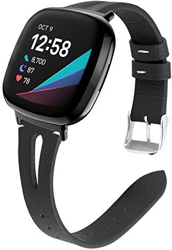AISPORTS Kompatibel mit Fitbit Versa 4 Armband/Fitbit Sense 2 Armband Leder für Damen Herren, Weiches Dünnes Hohles Atmungsaktives Leder Armband Metallschnalle Ersatzriemen für Fitbit Versa 4/Sense 2