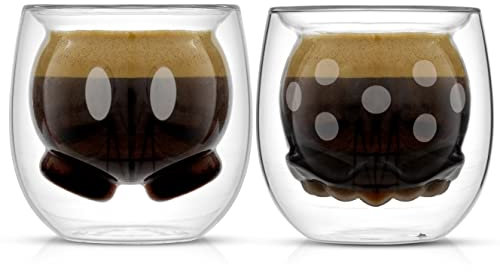 JoyJolt Mickey Pants and Minnie Skirt 3D 2oz Espresso Cups. Double Walled Espresso Glasses (2pc) Small Double Wall Glass Coffee Cups. Demitasse Cups, Espresso Measuring Cup or Liqueur Shot Glasses