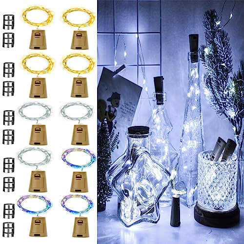 ooklee Bottle Lights 10 Pack with 30 Spare Battery Operated, 2m 20 LED Cork Light for Wine Bottles, Rainbow Pink Copper Wire Fairy String Lighting for Table Party Wedding Jar Xmas Decor(3 Colour)