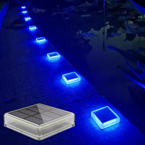 Lacasa Luces Solares Jardin, 4 Pack 30LM LED Lámpara Solar Exterior IP68 Impermeable Luz Solar del Piso Auto ON/OFF Lámparas Solares para Step Camino Patio Deck Dock Calle Valla, Luz Azul, Cuadrado