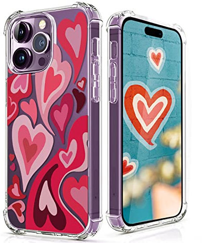 CAROKI Clear Case for iPhone 14 Pro,Shockproof Transparent Bumper iPhone 14 Pro Cover Soft Silicone Rubber TPU Bumper Clear Cover Phone Case with Red Heart Pattern for iPhone 14 Pro-Red Heart