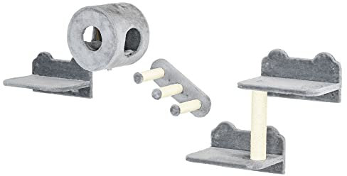 PawHut 4PCs Wall Mounted Cat Tree, Cat Wall Furniture with Platforms, Steps, Scratching Post, Perch, Cat House for Indoor Cats - Grey