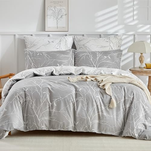 Tokokimo Funda Nórdica Cama 80/90, Funda Edredon 2 Piezas - 1 Funda Nórdica 150x220cm + 1 Fundas de Almohada 50x75cm, Ramas y Hojas Patrón Microfibra, Gris/Blanco