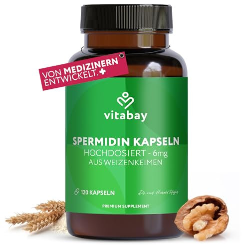 Vitabay Spermidin Kapseln 6 mg – 120 vegane Kapseln mit fermentiertem Weizenkeimextrakt – Standardisierter Spermidin-Gehalt aus Weizenkeimen – Laborgeprüft in Deutschland und sorgfältig hergestellt.