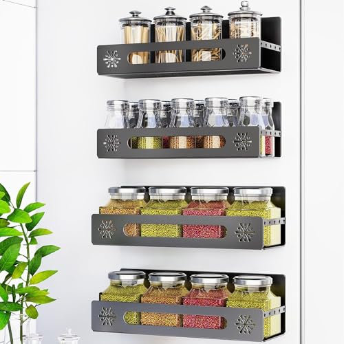 Roucerlin 4 Pack Large Magnetic Spice Rack for Refrigerator, Metal Magnetic Fridge Organizer Shelf with Openwork Pattern, Moveable Shelves for Side of Refrigerator, Kitchen Rack (Black)