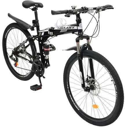 ROMYIX Klappbares Mountainbike, 26-Zoll-Räder, 21-Gang-Mountainbike, Herren/Damen, MTB-Fahrrad, Vorderradaufhängung (Schwarz und Weiß)