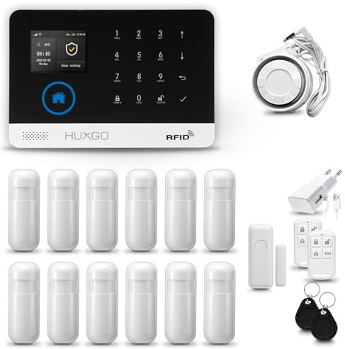 HUXGO® HXA003 Alarmanlage Haus WiFi + GSM mit Sirene | Tuya Smartlife App | Alarm System mit Drahtloser Fenstersensor, 12x Bewegungsmelder | Alarmanlage für Wohnung, Garage