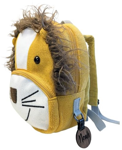 C|UTE - Kinderrucksack für Jungen & Mädchen mit Namen, aus Baumwolle gehäkelt, Kindergartenrucksack personalisiert, Rucksack für Kita, Kleinkind Rucksack, für 2-5 Jährige empfohlen, Modell Löwe